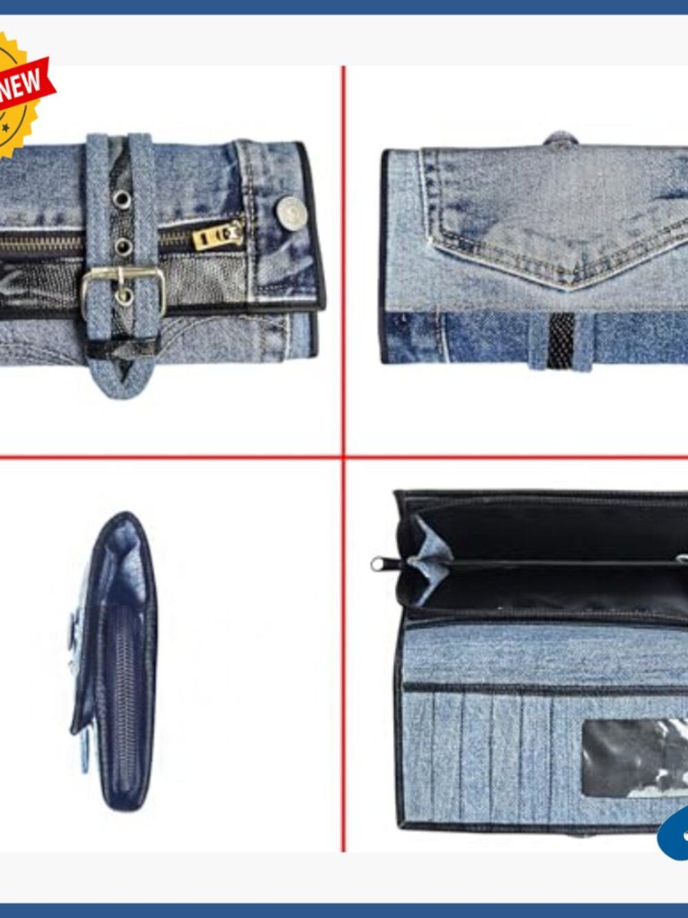 Denim Bifold Wallet with Snakeskin Accents Zipper Clutch Purse - Picture 5 of 7